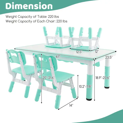 Miniatura 6 de Costzon Juego de mesa y 4 sillas para niños, escritorio y sillas para niños pequeños de altura ajustable con escritorio de graffiti, patas Verde