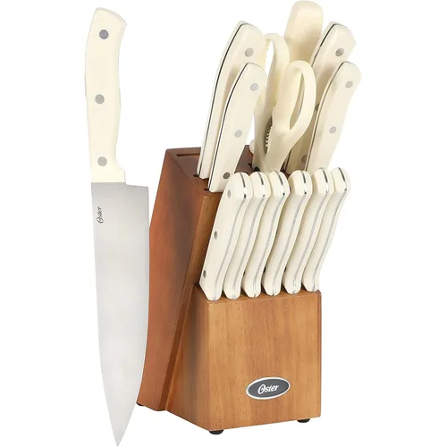 Oster Evansville - Juego de cuchillos de cocina de 14 piezas, acero inoxidable con asas blancas de lino - Cuchillos para cocina Lino Blanco -