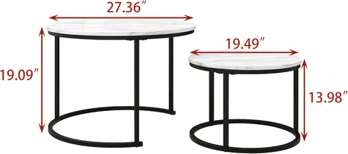 Miniatura 2 de HOJINLINERO Juego de 2 mesas de café redondas anidables, mesas auxiliares para sala de estar, mesa de café circular y de mármol con estructura