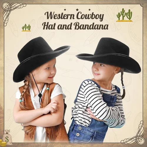 Miniatura 4 de Unittype Juego de 12 sombreros de vaquero para niños, sombrero de vaquera occidental y bandanas de poliéster para niños y niñas, disfraces