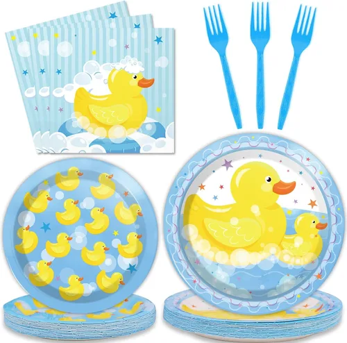 gisgfim Juego de 96 platos y servilletas de pato de goma desechables con temática de pato, suministros para fiestas, cumpleaños, baby shower, para