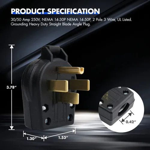 Miniatura 3 de Micmi Enchufe de hoja recta angular, enchufe angular macho de reemplazo para secador AC, enchufe para soldador NEMA 6-30P 6-50P, 50 A, 250V negro
