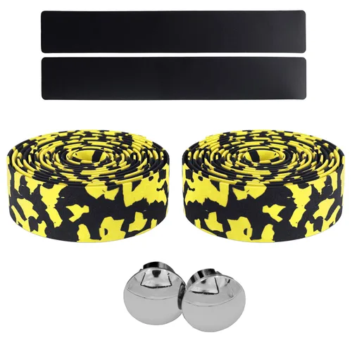 Miniatura 5 de KINGOU Cinta de manillar de bicicleta de carretera EVA camuflaje negro y amarillo con tapones de barra - 2 piezas por juego Negro&Amarillo