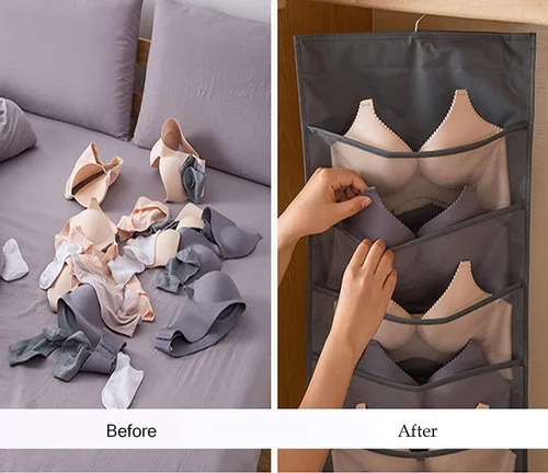 Miniatura 6 de Organizador de almacenamiento colgante para brasier y ropa interior, bolsillos de malla, estantes de pared de doble cara, bolsa ahorradora de Gris