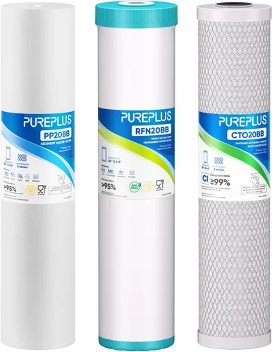 Miniatura 16 de PUREPLUS Kit combinado de cartucho de filtro de agua de 3 etapas para toda la casa de 4.5 x 20 pulgadas con sedimento, KDF y carbón activado