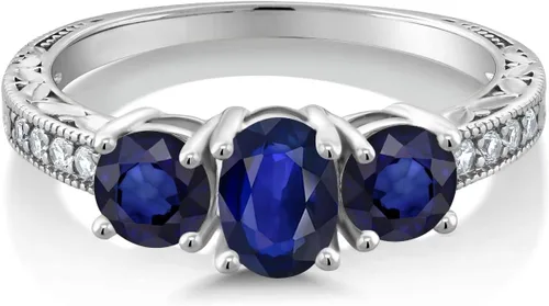 Miniatura 77 de Gem Stone King Anillo de compromiso de 3 piedras preciosas de oro blanco de 10 quilates con piedra natal y diamantes cultivados en laboratorio