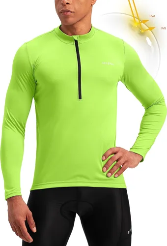 Miniatura 2 de Bikewa Maillot de ciclismo para hombre con 3+1 bolsillos traseros con cremallera, manga larga, absorción de humedad, UPF 50+ media cremallera
