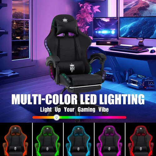 Miniatura 4 de Silla de juegos RGB con reposapiés, silla de juegos de computadora con luces LED para adultos, silla reclinable con reposacabezas ajustable, soporte