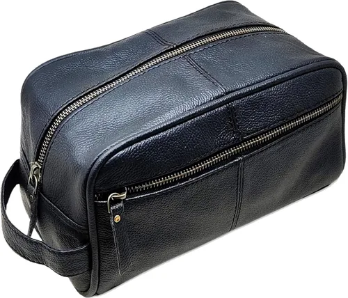 jaald Neceser de cuero genuino negro de lujo para hombre, kit de ducha, bolsa de afeitado y aseo para viajes, padrinos de boda, regalo para hombres