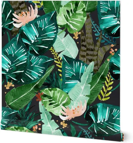 Spoonflower Papel tapiz para despegar y pegar, hojas oscuras tropicales, hojas de plátano, selva, palma, verde, papel tapiz extraíble personalizado