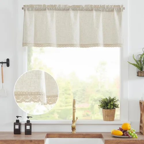 Miniatura 3 de jinchan - Cenefa de lino con borde de encaje, cenefa rústica de estilo granja para ventana de 16 pulgadas, tratamiento para ventana pequeña