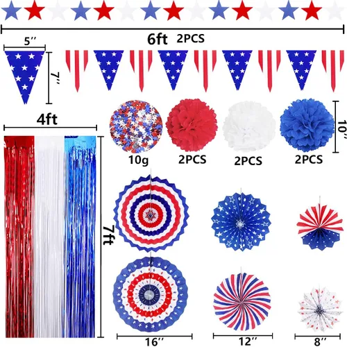Miniatura 2 de MOVINPE Juego de decoraciones patrióticas para fiestas del 4 de julio, abanicos de papel para colgar con la bandera estadounidense, flores