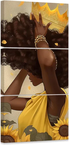 Miniatura 10 de ZXHYWYM Arte de pared afroamericano de 3 piezas, imágenes de mujeres negras, pinturas de corona dorada, lienzo motivacional para sala de estar