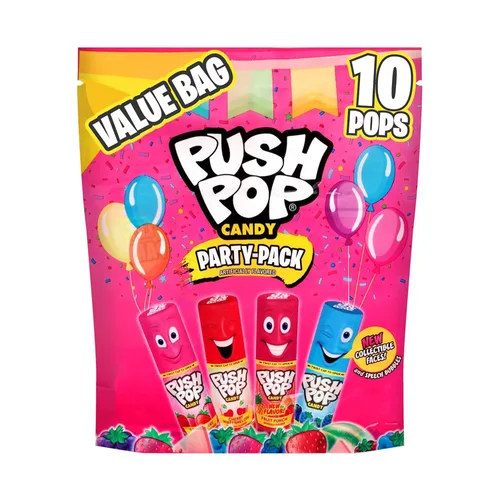 Push Pop Paletas, paquete variado de caramelos duros, 10 paletas envueltas individualmente en sabores afrutados, tamaño completo, dulces divertidos
