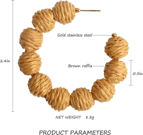 Miniatura 2 de Rattan Earrings Handmade Raffia Hoop Earrings for Women Summer Straw Boho Dangle Geometric Earrings Statement Beach Accessory Jewelry