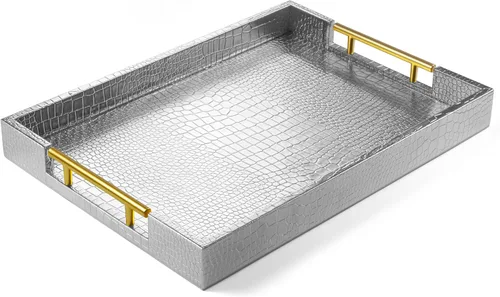 ATZYmolin - Bandeja de servicio de madera de 17" x 12" con asas de metal dorado pulido, bandeja decorativa rectangular de madera para el hogar,