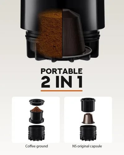 Miniatura 3 de Cafetera portátil para viajes y campamento, máquinas de café ligeras de viaje, operadas manualmente, compatible con café molido y cápsulas NS negro