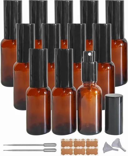 Paquete de 12 aerosoles de vidrio ámbar de 1 onza para aceites esenciales, botella de spray pequeña, espray de niebla fina, pulverizador negro, para
