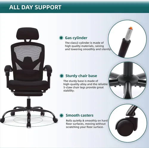 Miniatura 5 de Silla ergonómica de oficina, silla de escritorio de malla con respaldo alto para computadora con soporte lumbar y ruedas, silla giratoria ajustable