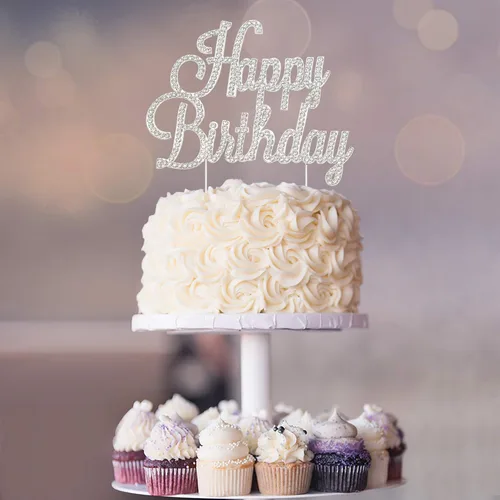 Miniatura 6 de Decoración de pastel de feliz cumpleaños, metal plateado de alta calidad, decoración de diamantes de imitación brillantes para fiesta de feliz