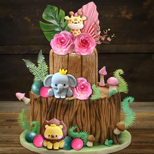 Miniatura 5 de 22 adornos de animales de selva de safari para tartas, bolas de flores, decoración de tartas con hojas de palmeras bohemias, juguetes de animales