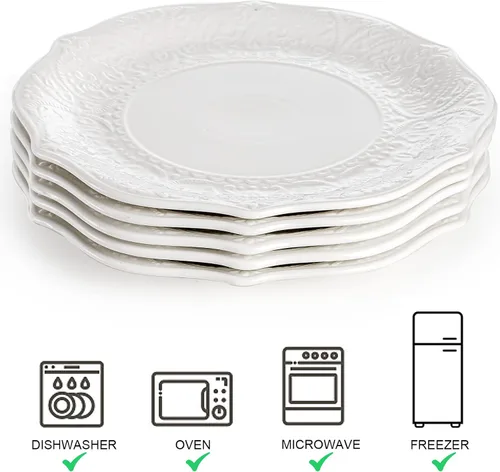 Miniatura 3 de SOUJOY Juego de 6 platos llanos de porcelana, platos blancos de 10.5 pulgadas, platos de vajilla con impresión en relieve para cena, restaurante