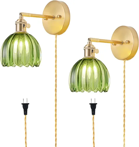 Juego de 2 apliques de pared enchufables, apliques de pared vintage con pantalla de cristal verde tulipán, aplique de pared para dormitorio con