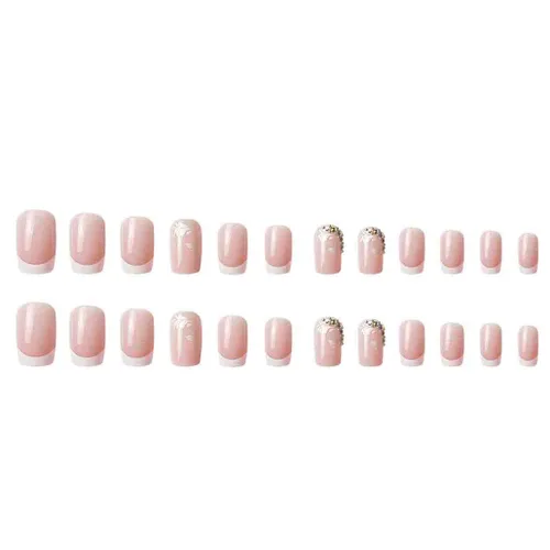 Miniatura 4 de Foccna Uñas postizas a presión de color rosa medianas, uñas postizas blancas brillantes, uñas postizas cuadradas acrílicas, uñas artificiales