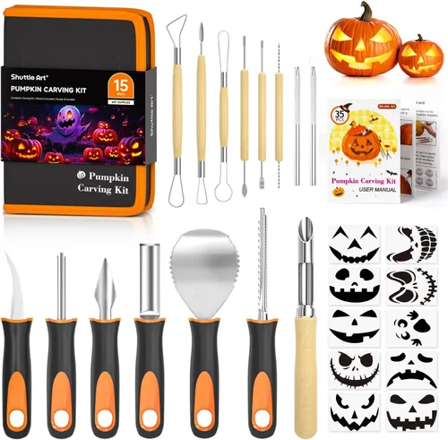 Kit de 25 piezas de tallado de calabaza de Halloween, 15 piezas profesionales de acero inoxidable de alta calidad para tallar calabazas con 10