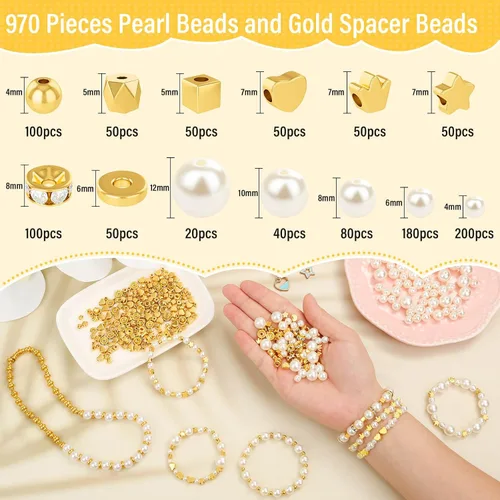 Miniatura 3 de Audab Cuentas de perlas para hacer pulseras, 970 cuentas espaciadoras de perlas y doradas para hacer joyas