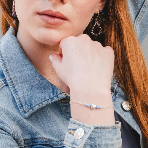Miniatura 2 de 925 Sterling Silver Gemstone Bracelet - 3mm Gemstone Round Beads with Heart Silver Charm - 16-18cm Length - Gemstone Jewelry for Women - Perfect for