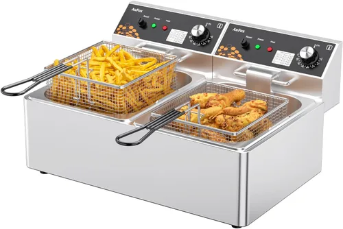 Freidora comercial 20L/21Qt Freidora de encimera de doble tanque de 0.039 in de grosor de acero inoxidable 3400 W Freidoras de inmersión eléctrica