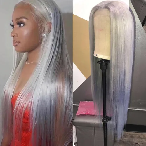 Miniatura 22 de Lovestory Peluca de encaje frontal larga y recta color blanco platino, predepilada, rubio platino, pelucas de encaje frontal sintético para mujeres