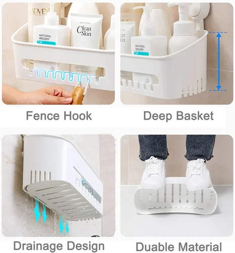 Miniatura 6 de Organizador de ducha de plástico con ventosa, estante de baño, fuerte potencia de succión con ganchos de cerca, estante de cocina, impermeable, a