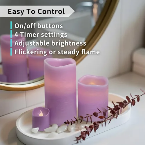 Miniatura 4 de FURORA LIGHTING Velas sin llama de cera real púrpura con control remoto y temporizador, 4 pilares y 4 votivas, paquete de 8, velas LED parpadeantes