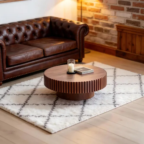 Miniatura 3 de Mesa de centro moderna de madera redonda acanalada, Ø31.5 x 13.8 pulgadas de alto, espacio pequeño, color marrón, tambor circular, centro estriado