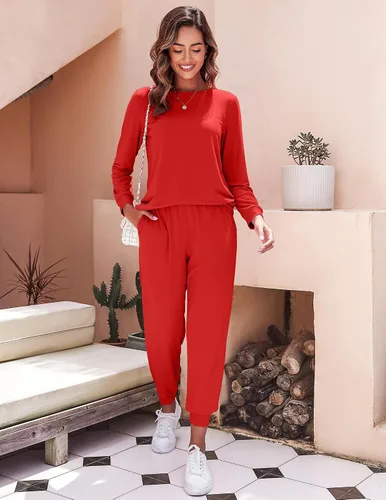 Miniatura 199 de Ekouaer Conjunto de pijama de manga larga para mujer, ropa de dormir suave con cuello redondo y bolsillos