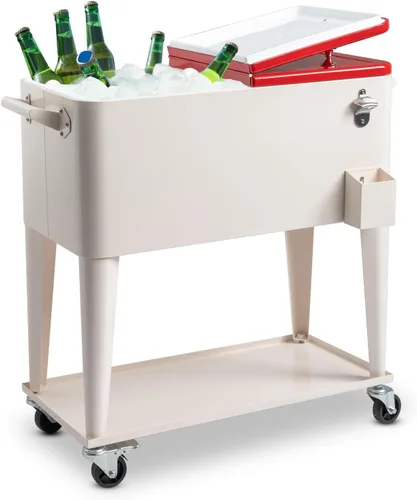 Miniatura 11 de SSLine Enfriador portátil para patio con ruedas, carrito de barra de bebidas frías al aire libre con estante de almacenamiento y abridor de Gris