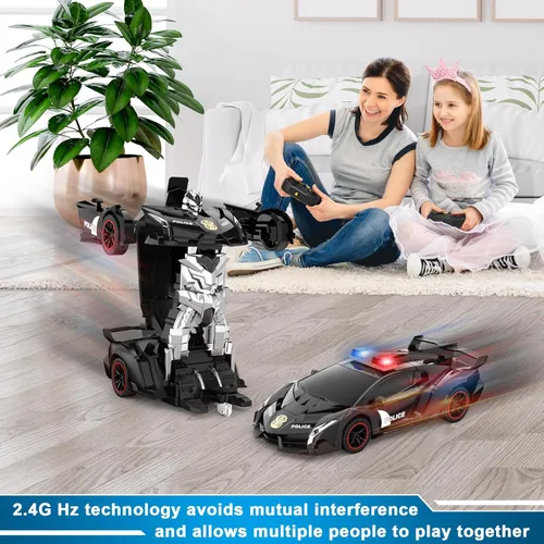 Miniatura 6 de FDJ - Auto a control remoto que se transforma en robot, transformación con un botón a robot con luz intermitente, juguete de policía para niños