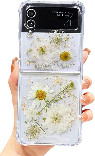 Miniatura 38 de Abbery Funda transparente para Samsung Galaxy Z Flip 3 5G, transparente y con diseño de purpurina bonita con purpurina floral prensada de Rosa
