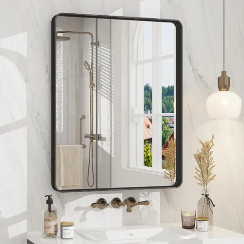 Miniatura 18 de Paquete de 2 espejos de baño con marco de metal negro de 22 x 30 pulgadas, espejo rectangular redondeado negro mate, antioxidante, se cuelga