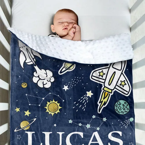 Miniatura 8 de Manta de bebé personalizada para niños, manta de bebé personalizada con nombre, franela suave con respaldo de puntos de doble capa, manta de Rocket