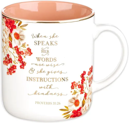 Christian Art Gifts Taza de café y té de cerámica floral con borde dorado, 14 oz, sin plomo ni cadmio, no tóxica, inspiradora escritura, taza de