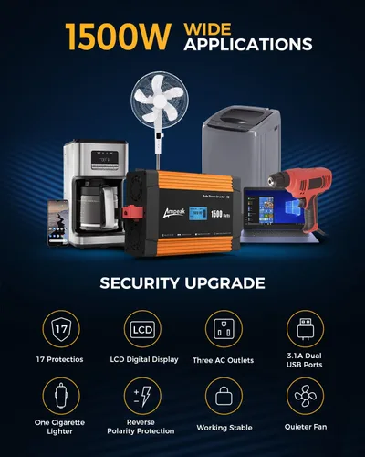 Miniatura 3 de Ampeak Inversor de potencia de 1500 W, 6.2 A, puertos USB duales, 3 salidas AC, inversor de corriente continua de 12 V a CA 110 V, puerto