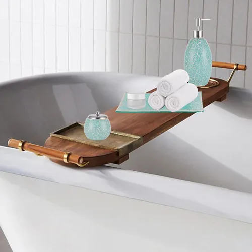Miniatura 7 de Escenzy - Elegantes conjunto de accesorios de baño verde 4 piezas Lujoso dispensador de jabón de vidrio, soporte para cepillo de dientes, frasco