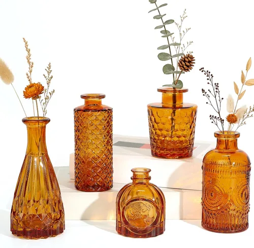 Amber Glass Bud Vases Set of 5, Mini Flower Vase for Centerpieces, Brown Small Bud Vases in Bulk for Wedding Decorations, Vintage Vase for Table,