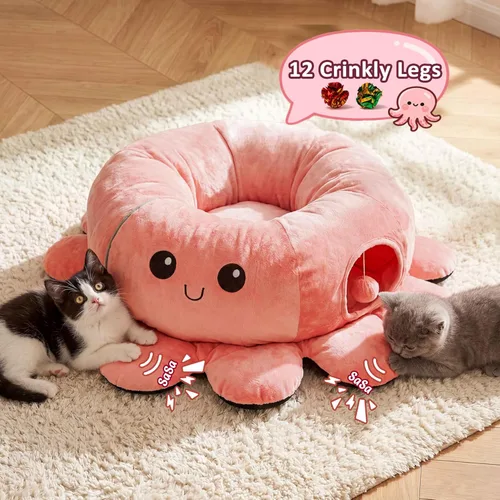 Miniatura 6 de Cama túnel para gatos con 20 juguetes para gatos, túnel de juego plegable para gatos de interior, juguetes para gatitos de interior, en forma de Rosa