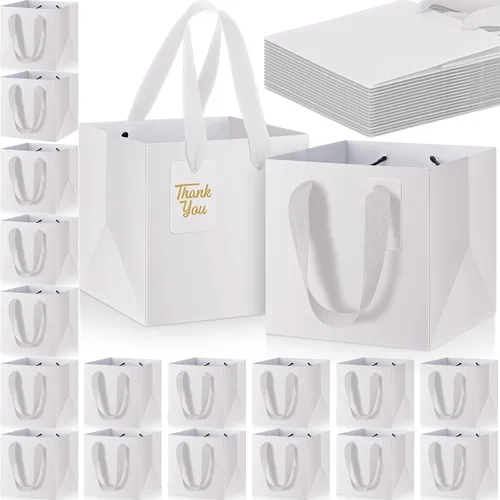 Miniatura 8 de Windyun 25 mini bolsas de regalo de papel con asa de 6 x 6 x 6 pulgadas, pequeñas bolsas cuadradas con etiqueta de agradecimiento para Navidad