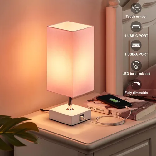 Miniatura 3 de Lámpara de mesa Ambimall con control táctil y 2 puertos de carga USB, lámpara de mesa de 3 modos para mesita de noche, lámpara de noche para A: rosa