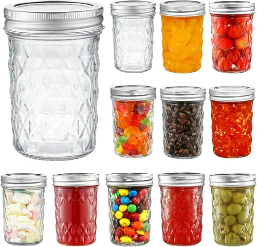 YEBODA Paquete de 12 tarros de vidrio de 8 onzas con tapas y bandas, ideales para conservar, mermelada, miel, gelatina, recuerdos de boda, regalos